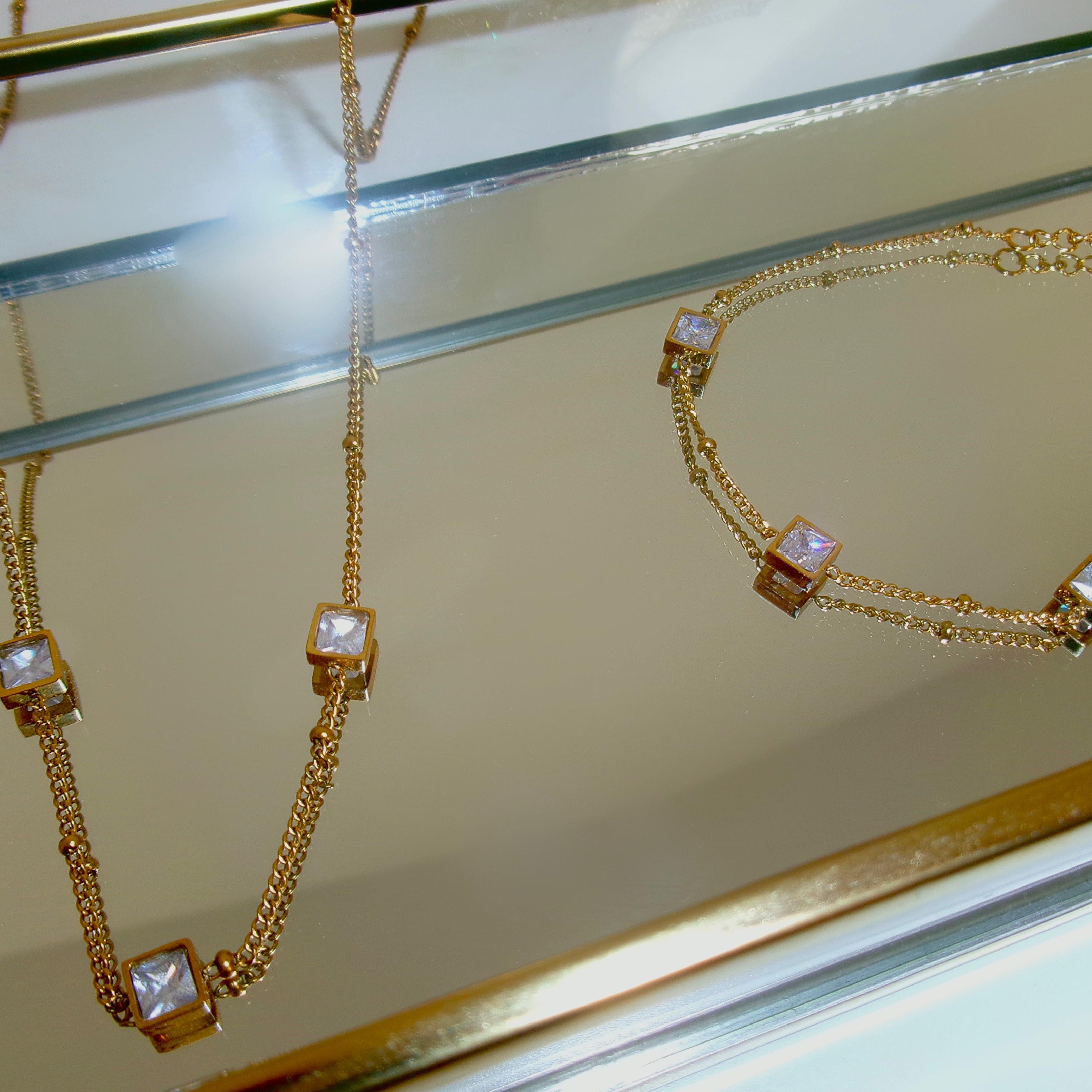 Wasserfestes Schmuck Set White Stone Halskette & Armband 18K vergoldet